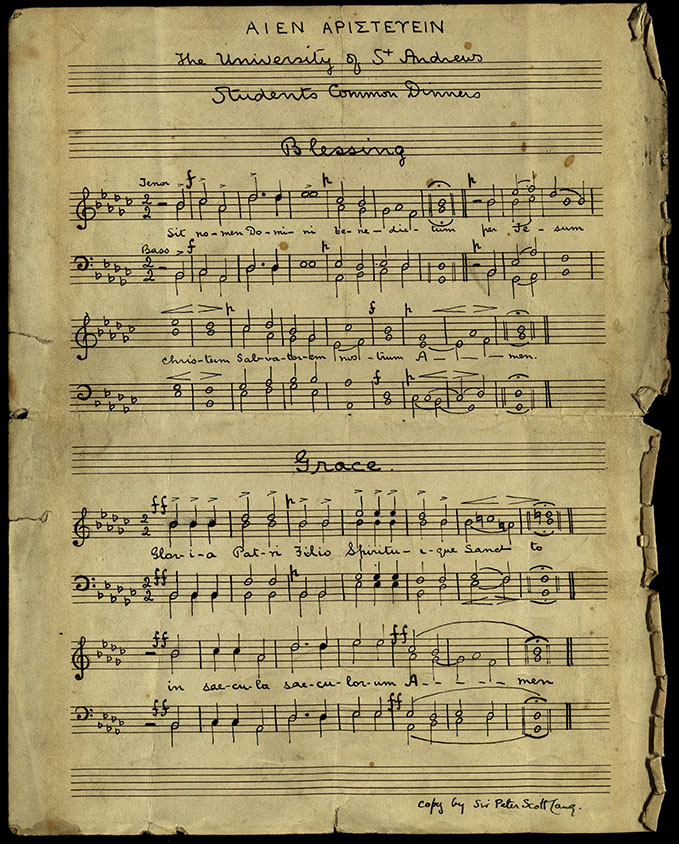 Manuscript music for Latin common dinners grace and blessing for St Andrews University, composed by Sir Alastair Campbell Mackenzie, 1894 (msLF1119.G8).