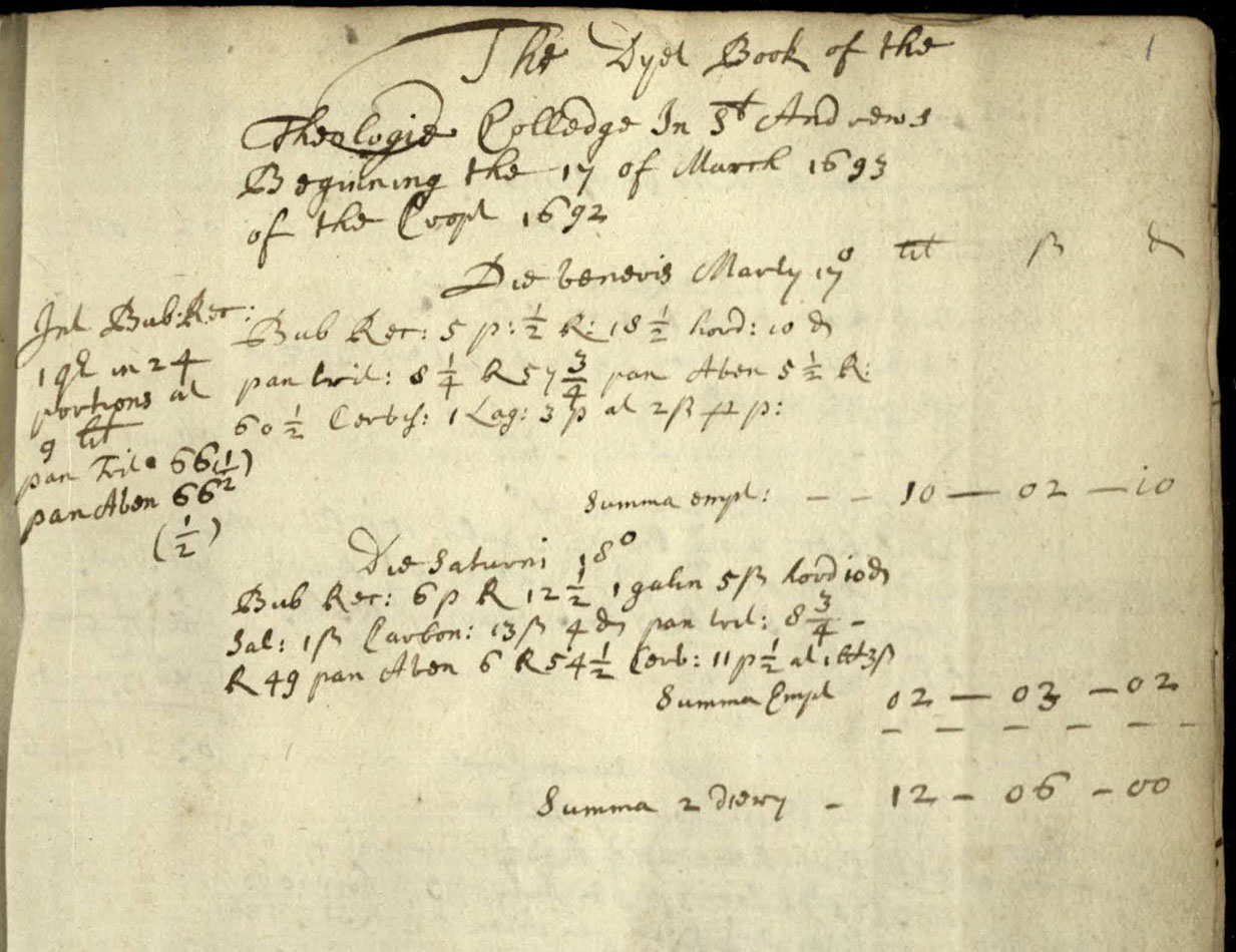 Page from diet book of St Marys College, 1693 (UYSM530/1)