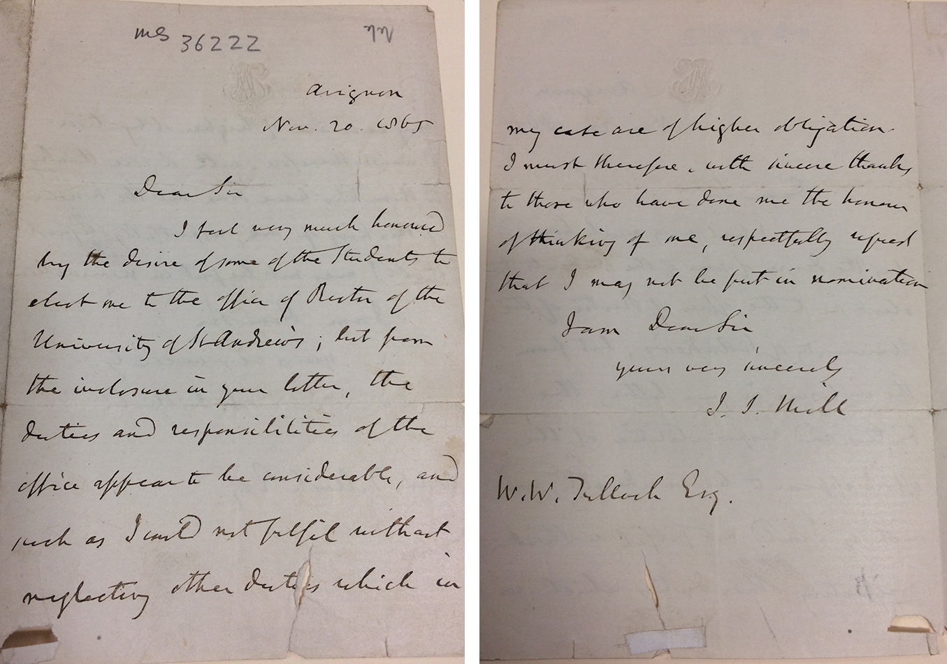 Letter to WW Tulloch from JS Mill, 20 November 1865. This is the item referred to in the Alumnus Chronicle 62/40 which records that it was given to the University by Robert F Metzdorf of Connecticut in 1970. ms36222