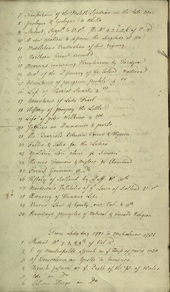 A page from an accessions list showing books sent up in 1750 and 1751.  About a third of the way down the page, Tobias Smollett’s The Adventures of Peregrine Pickle heads a sequence of new novels.  UYLY107/2, p. 66.