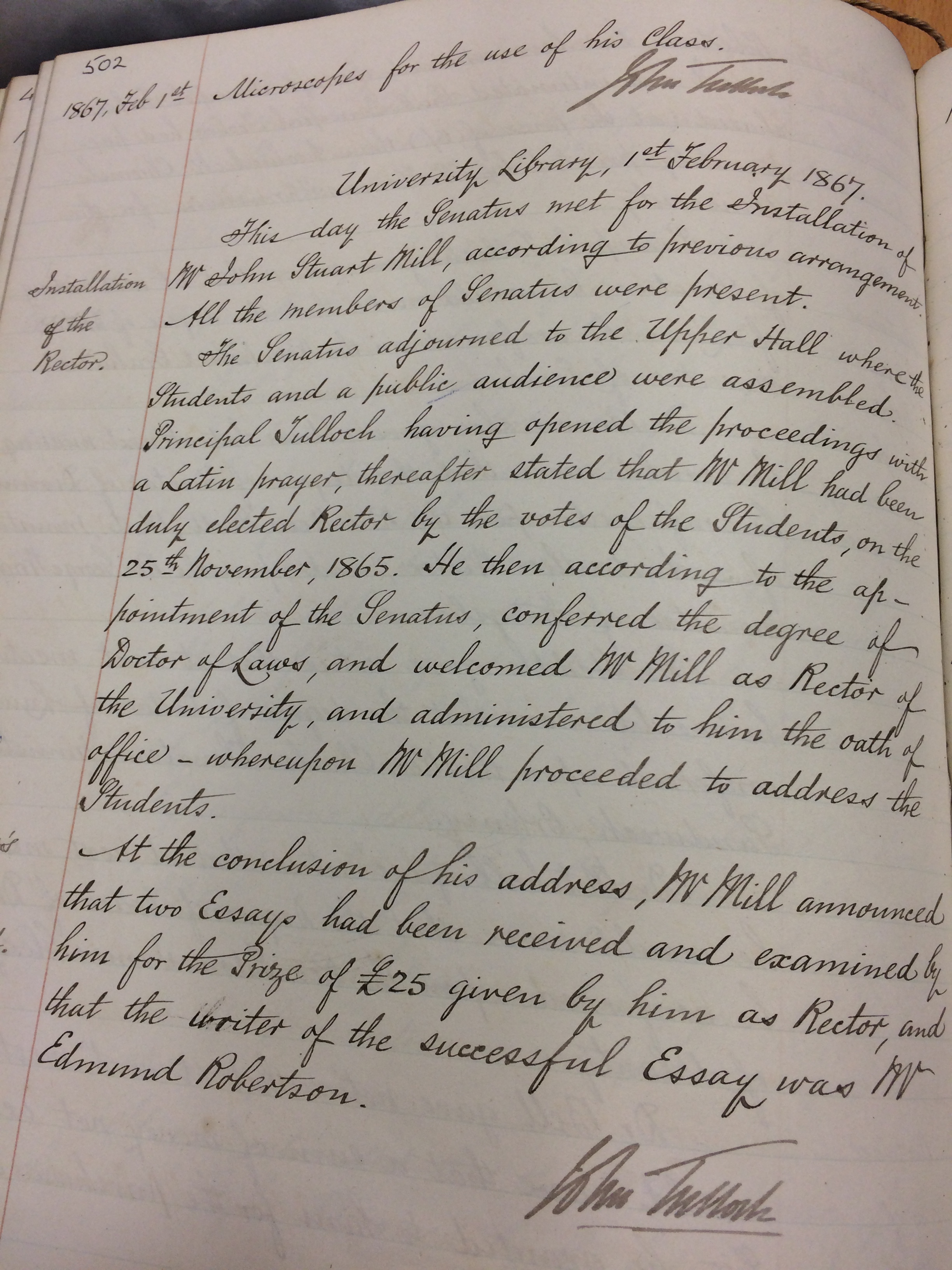 Page from the minutes of Senatus for 1 February 1867, recording the installation of Mill as Rector, the conferral of his LLD and the delivery of his inaugural address.