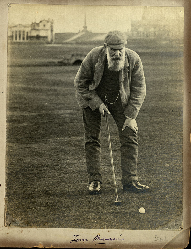 Photograph of man (Tom Morris) with white beard on golf course
