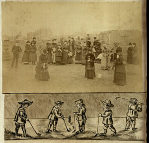 Photograph of groups of women playing gold in long dresses and hats