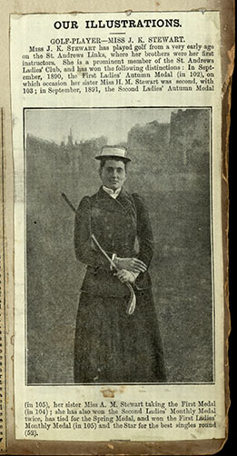 Clipping from newspaper showing woman in black dress with golf club